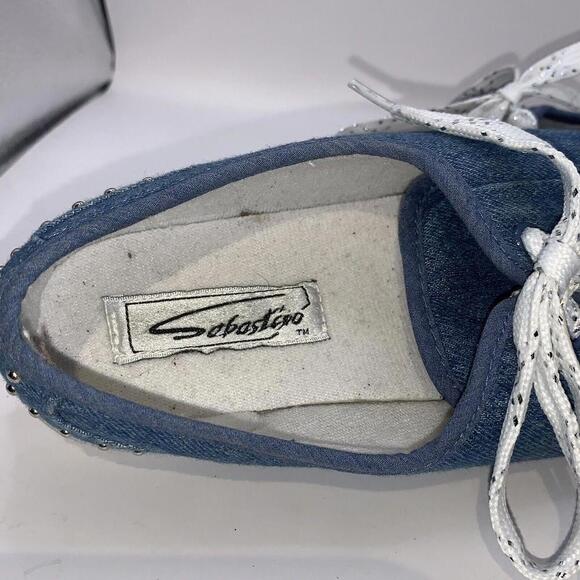 Sebastino Womens Low Top Denim Sneaker Flat Shoes Blue Silver Metal Lace Up Sz 8 - Picture 6 of 8